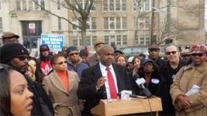 Ras Baraka and others outside Weequahic HS. Are they shrill, shrieking demagogues? Photo by Eric Adams