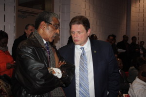 State Sen. Ronald Rice and NJEA President Wendell Steinhauer confer at last night's school board meeting