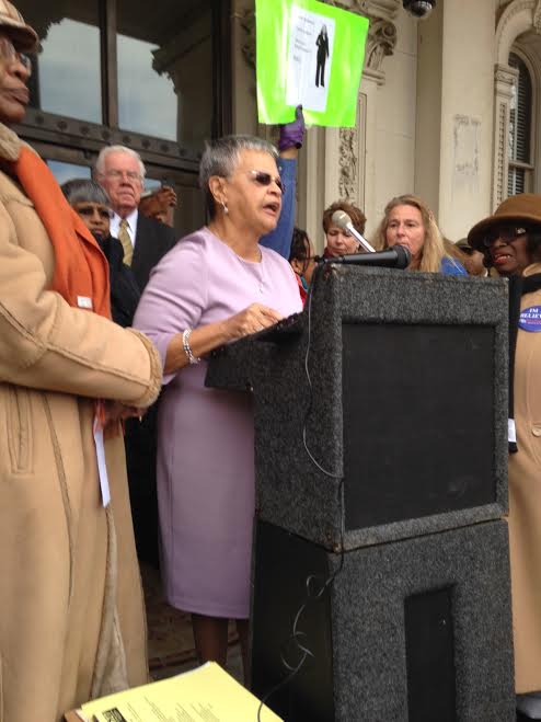 Bonnie Watson Coleman speaks at the March 27 rally to keep public schools public.